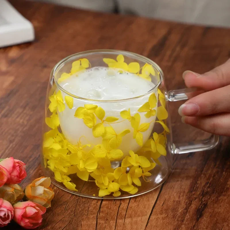 200ml Double Wall Flower Glass Mug with Handle for Coffee and Milk Tea