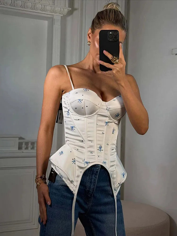 Women Floral Corset Cami Top Sweetheart Neck Irregular Hem Summer Bustier Top