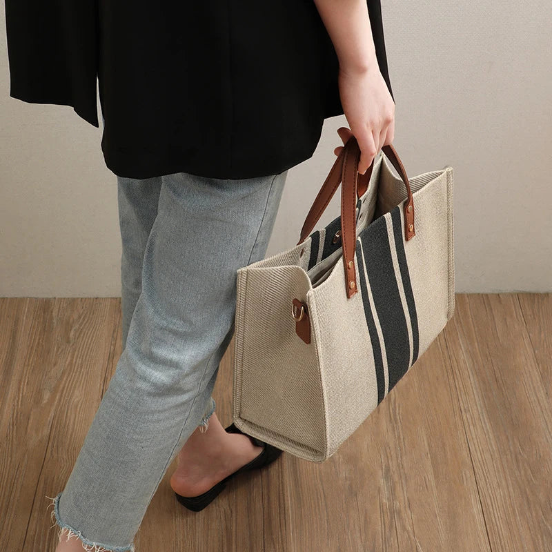 Canvas Stripe Bucket Tote Bag Large Capacity Women Handbag
