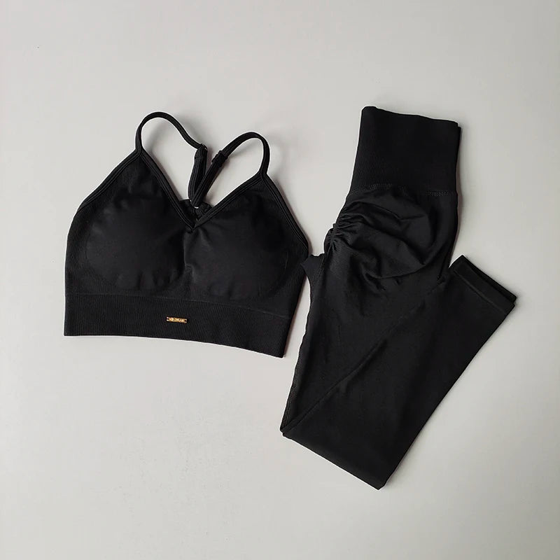 Seamless V Neck Yoga Set Women Sports Bra High Waist Leggings Hip Lift Fitness Outfit
