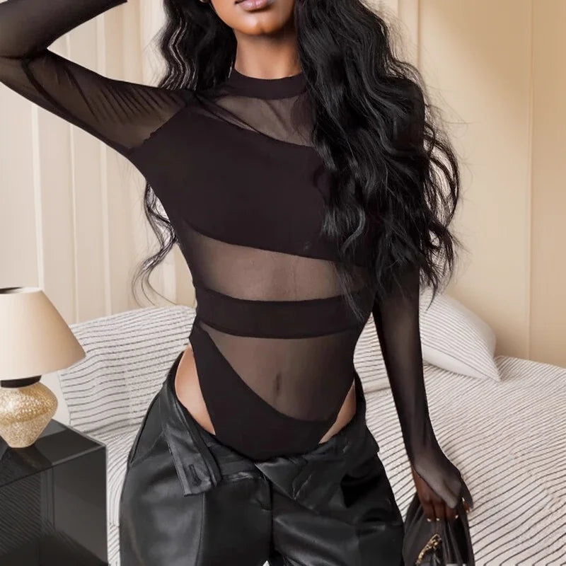 Women Mesh Jumpsuit Long Sleeve Cut Out O Neck Slim Fit Clubwear Bodysuit