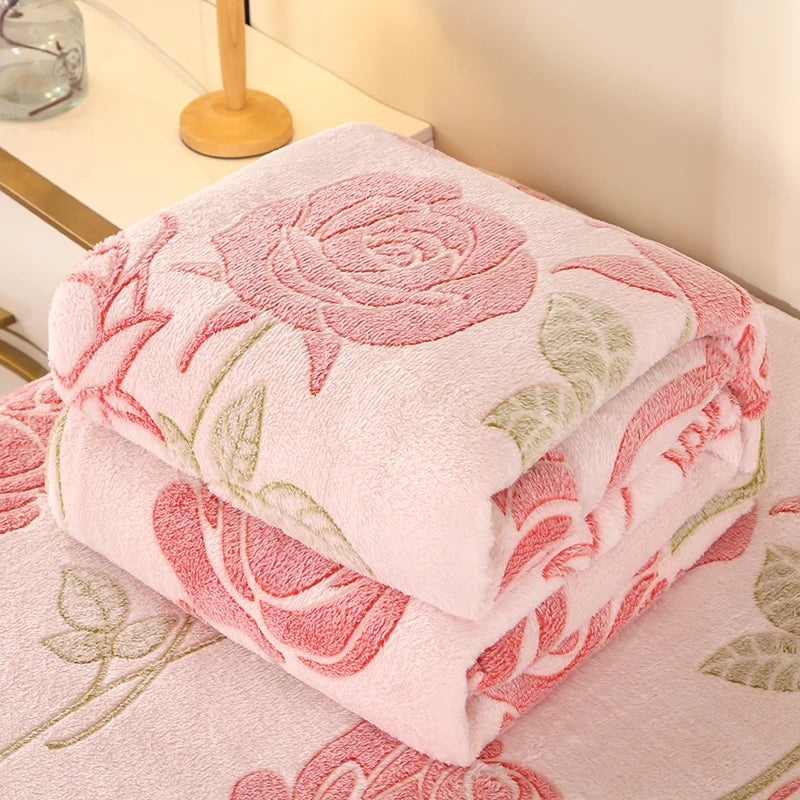 Floral Fleece Blanket Warm Plaid Sofa Throw Travel Shawl Bedspread