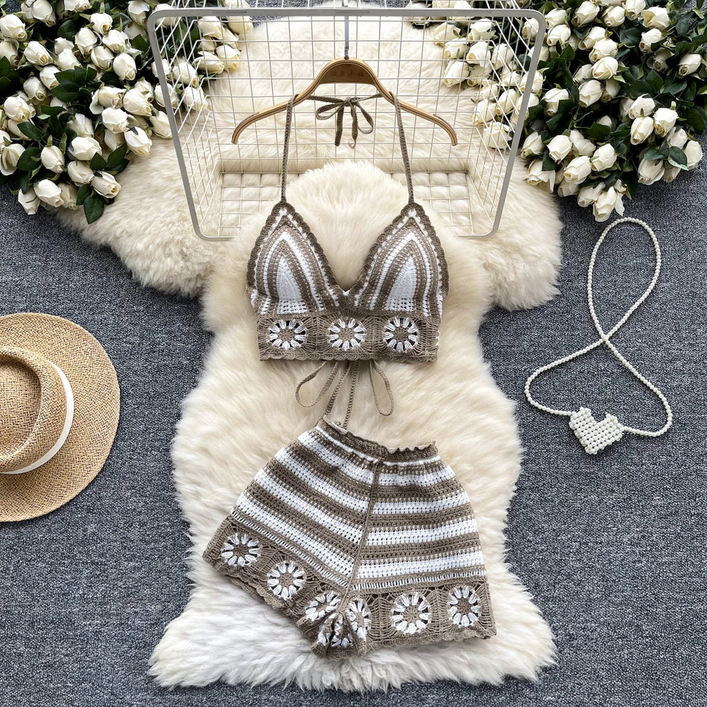 Women’s Crochet Halter Top and Shorts Set Beach Vacation Outfit