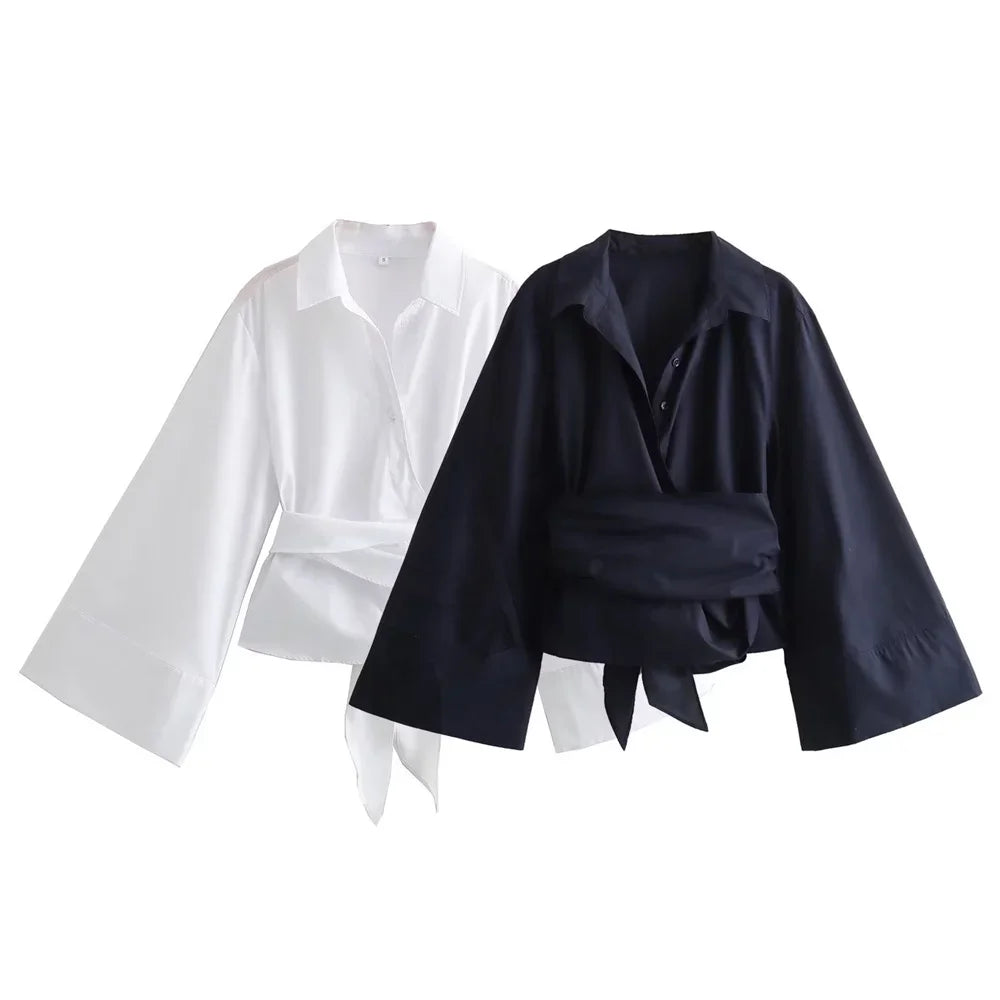 Women Polo Neck Bow Tie Short Poplin Shirt Double Breasted Casual Top
