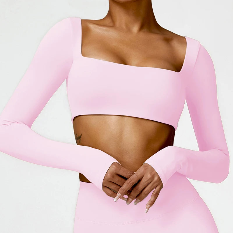 Women Square Neck Long Sleeve Crop Top Quick Dry Yoga Fitness Shirt