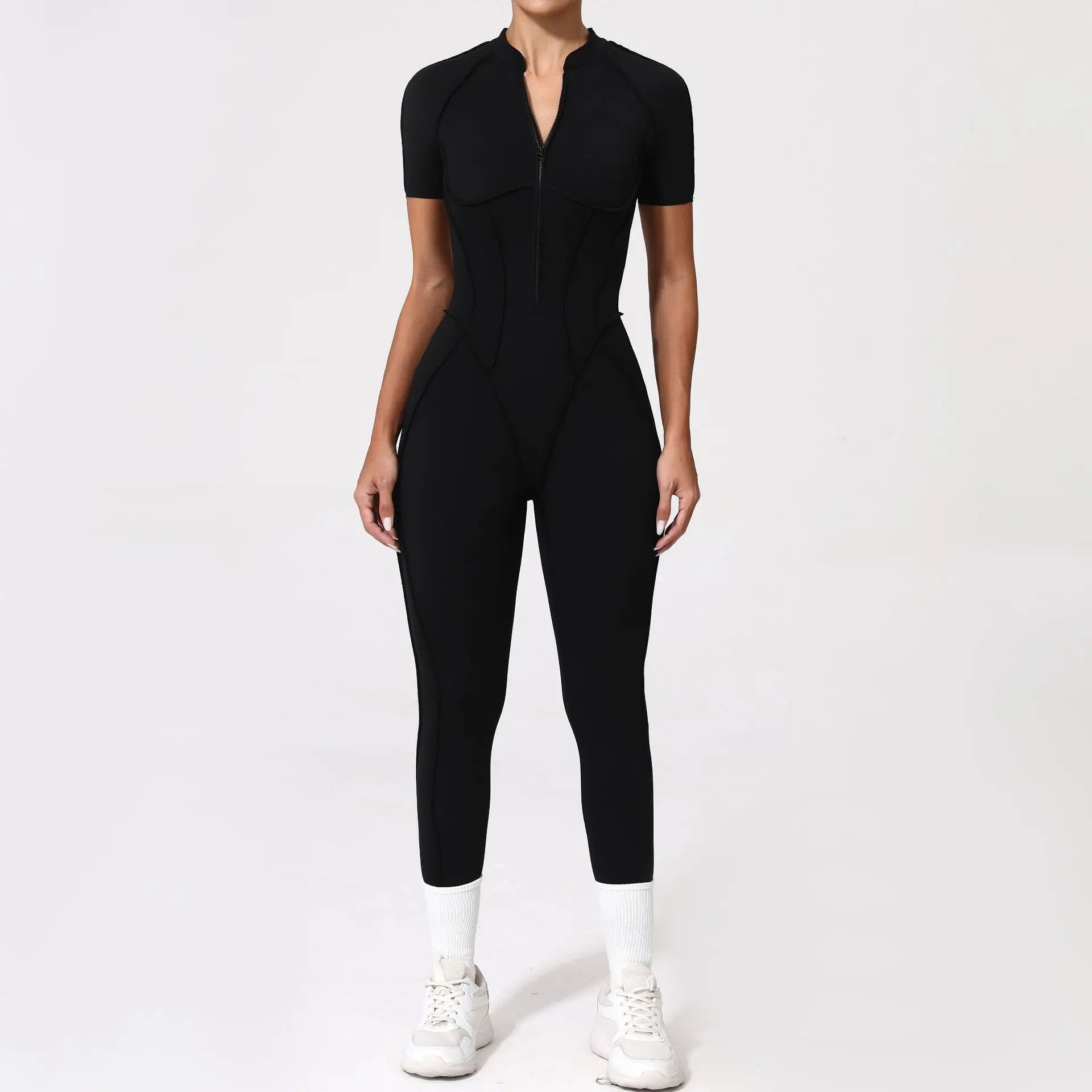 Women Zip Gym Jumpsuit Open Back Yoga Fitness Tracksuit Sports Bodysuit