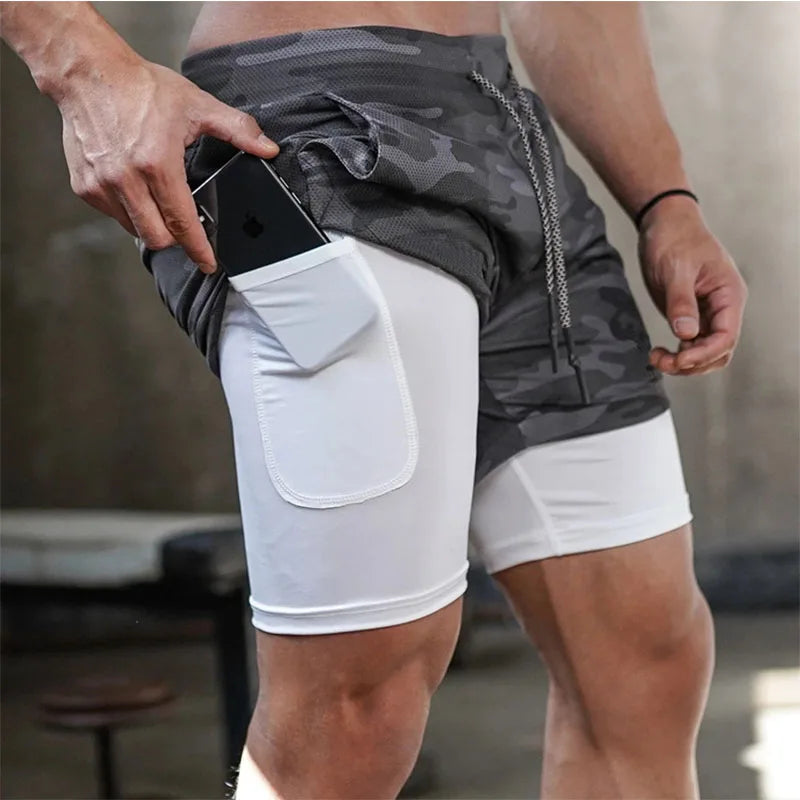 Men 2-in-1 Camouflage Running Shorts Quick Dry Gym Fitness Training Sports Shorts