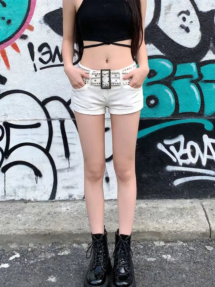 Women White Denim Y2K Low Waist Mini Shorts Vintage Harajuku Cowboy Style Shorts