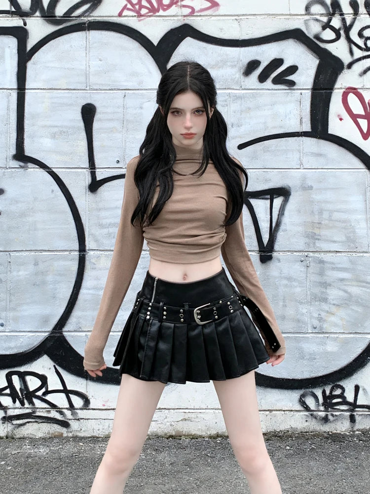 Women Gothic Black Pleated Leather Mini Skirt A Line Y2K Harajuku Emo Style