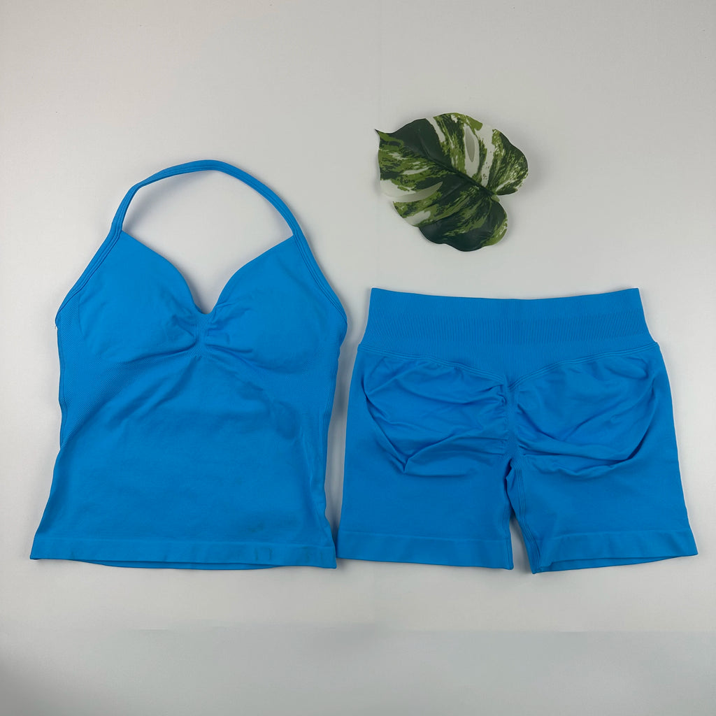 Seamless Yoga Set Women Strappy Tank Top Scrunch Shorts Gym Workout Outfit