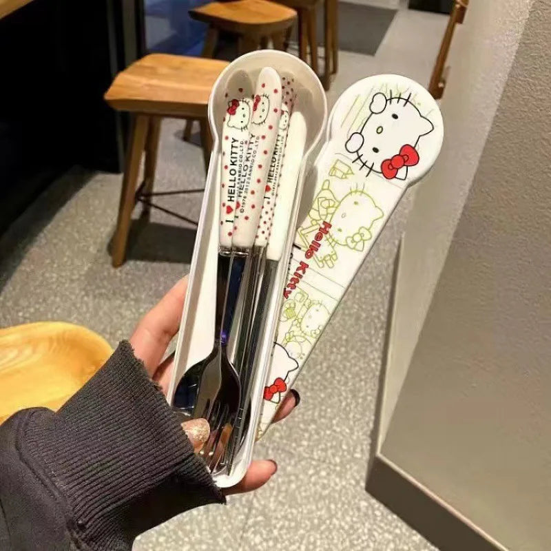 Sanrio Hello Kitty Stainless Steel Chopsticks Spoon Fork Tableware Set