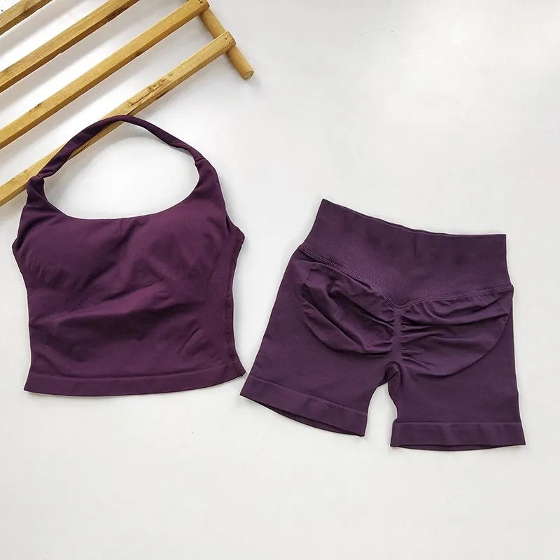 Seamless Yoga Set Women Halter Sports Bra High Waist Shorts Gym Workout Set