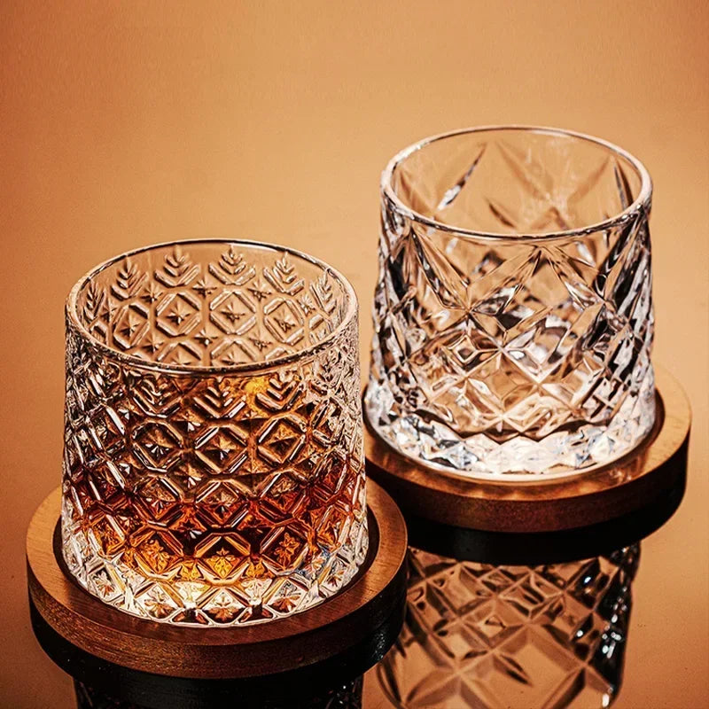 Crystal Whiskey Tumbler Rotating Spinning Glass with Base for Bar Home