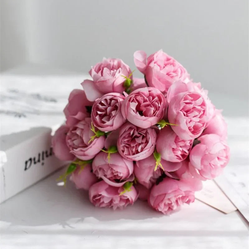 Artificial Pink Peony Rose Bouquet Silk Flowers 27 Heads Home Wedding Decor