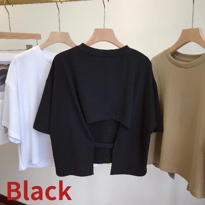 Women Backless Crop Top Short Sleeve Loose Casual Summer T Shirt