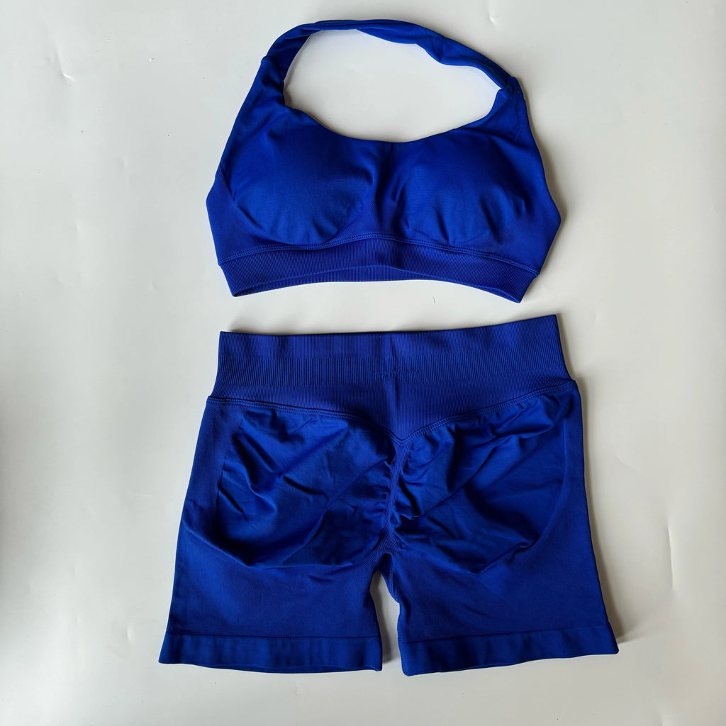 Seamless Yoga Set Halter Sports Bra Scrunch Shorts Gym Workout Fitness Set