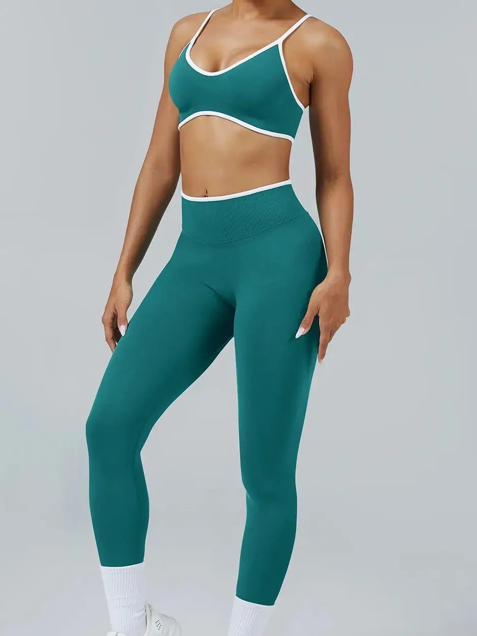 Color Block Yoga Set Women Sports Bra High Waist Shorts Gym Fitness Activewear