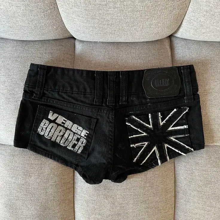 Women Y2K Black Graphic Denim Shorts Slim Fit Hip Hop Streetwear Gothic Mini Shorts