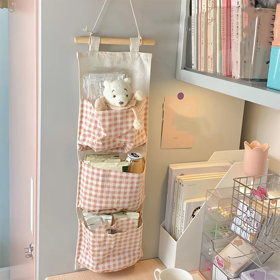 Wall Mounted Canvas Storage Bag Pink Bedroom Organizer for Books Jewelry Items