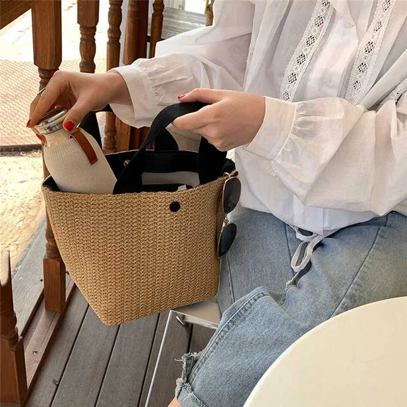 Bohemian Straw Bucket Bag Handmade Woven Rattan Shoulder Crossbody Bag