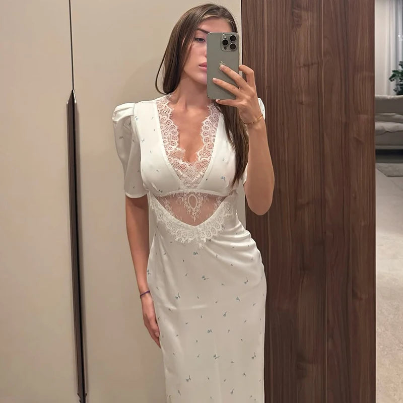 Women Lace Hollow Elegant Summer Dress High Waist Slim Fit Party Club Dress