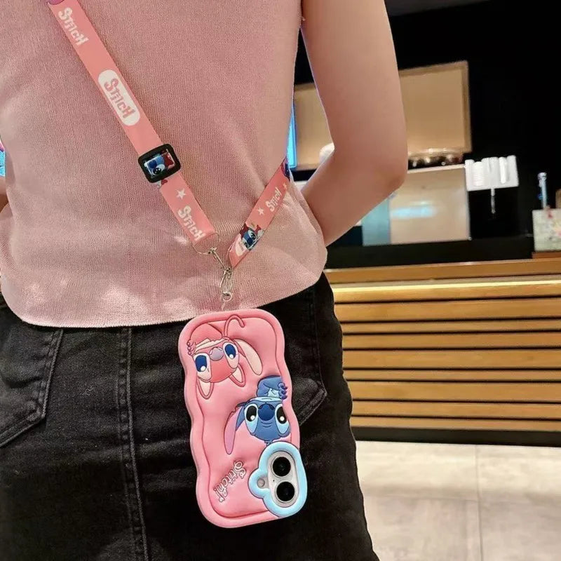 Cute 3D Stitch Shoulder Strap Silicone iPhone Case