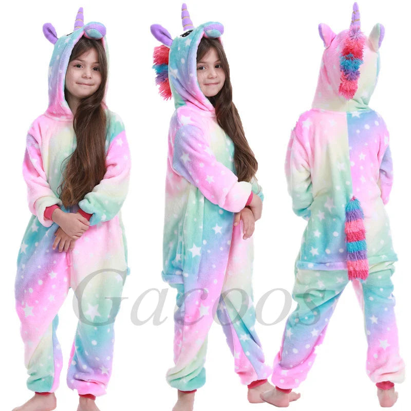 Kids Unicorn Animal Flannel Hooded Onesie Pajamas Warm Sleepwear Costume