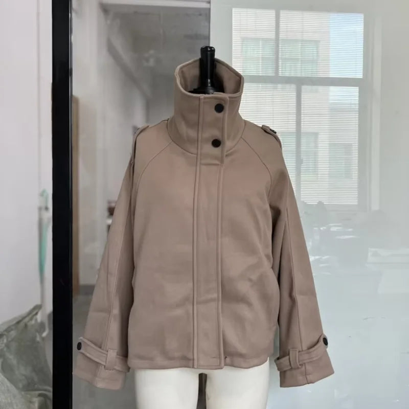 Women Stand Collar Wool Blend Jacket Loose Zip Up Coat