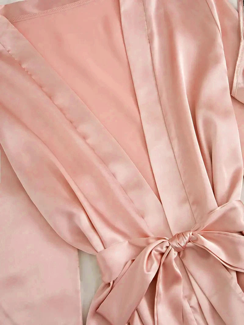 Women’s Pink Satin Pajama Set with Lace Robe Nightdress and Pants