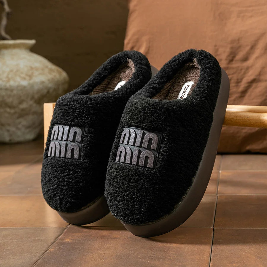 Women Plush Cotton Slippers Thick Sole Winter Indoor Warm Non Slip Home Shoes