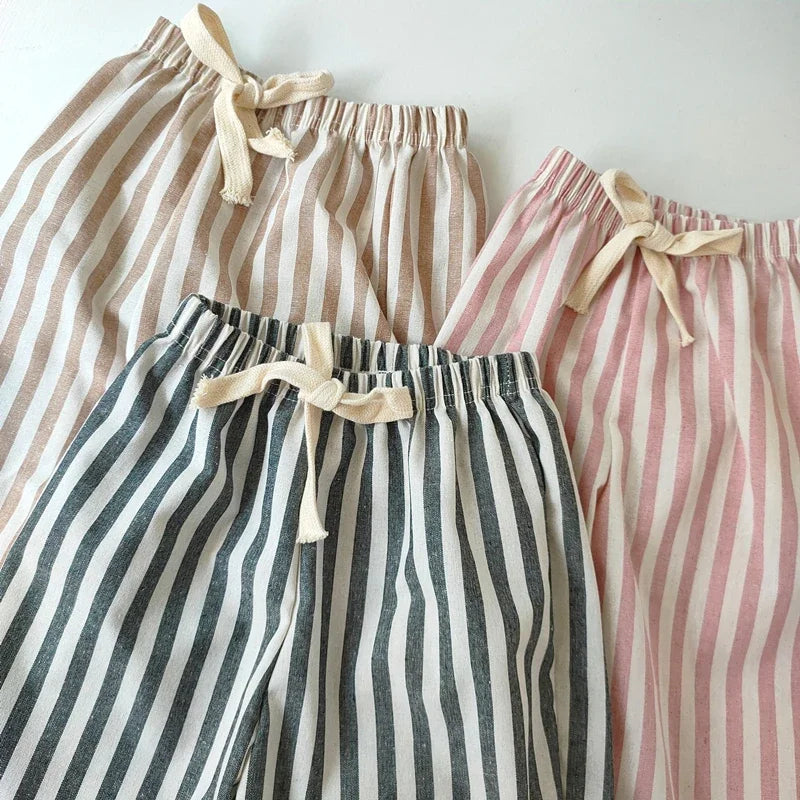 Kids Striped Linen Cotton Pants Vintage Loose Harem Trousers for Boys & Girls