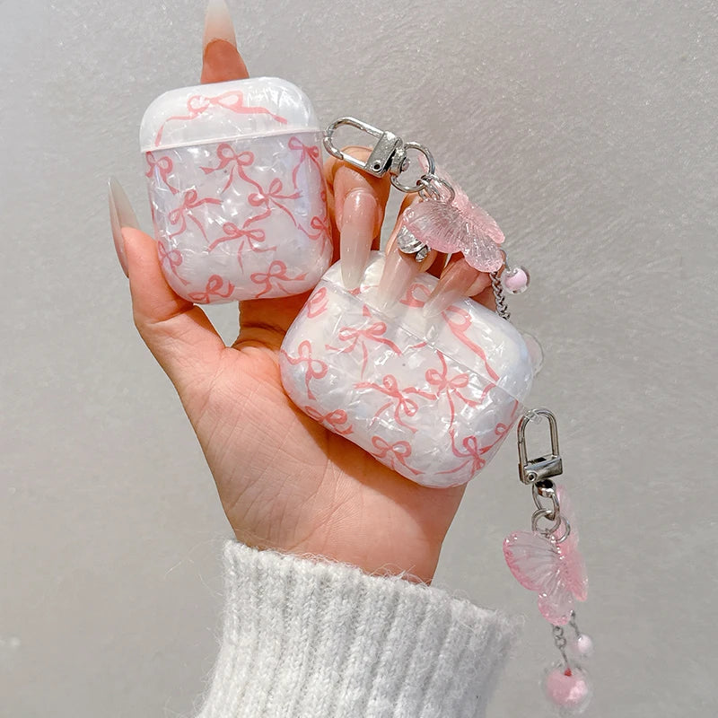 AirPods 1/2/3/4/Pro/Pro 2 Cute Bow Glitter Case with Butterfly Charm Keychain Protective Cover