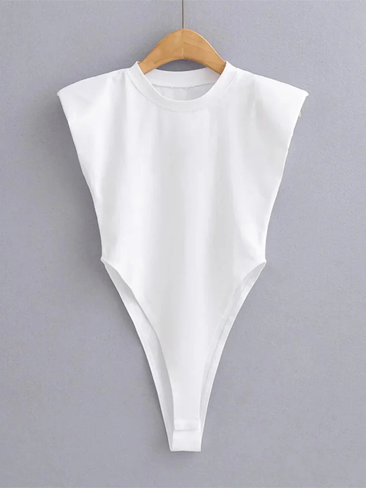 Women Sleeveless Bodycon Bodysuit Padded Shoulder Summer Sexy One Piece Top