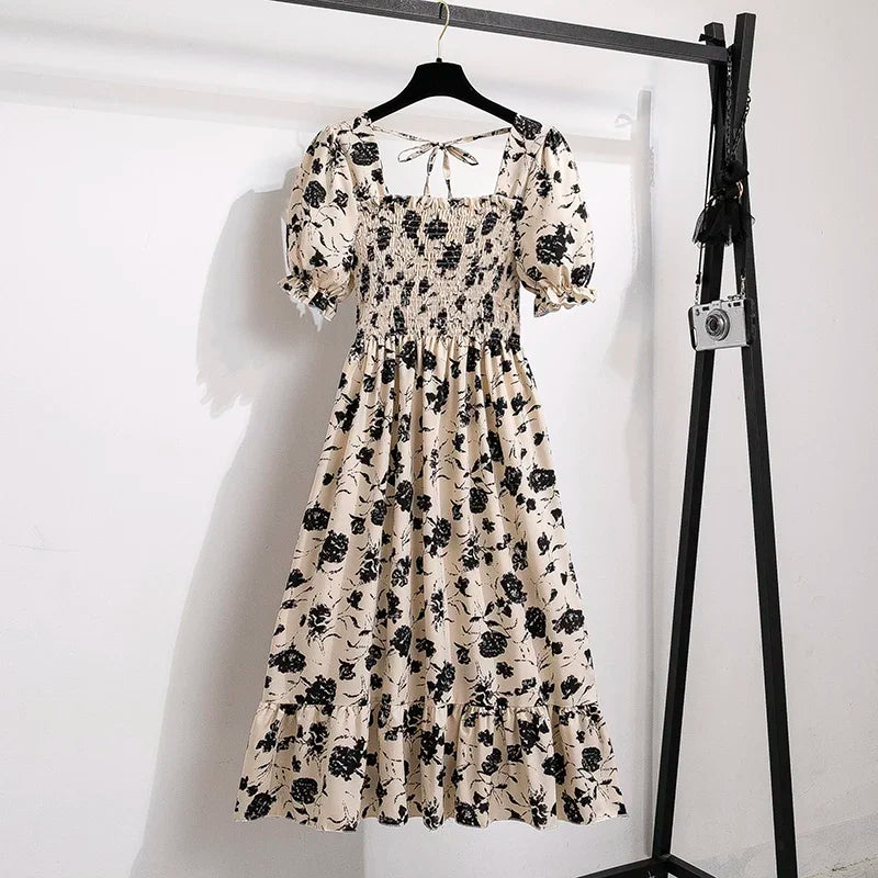Women’s Chiffon A-Line Dress Short Sleeve Pleated Elastic Waist Casual Summer Dress