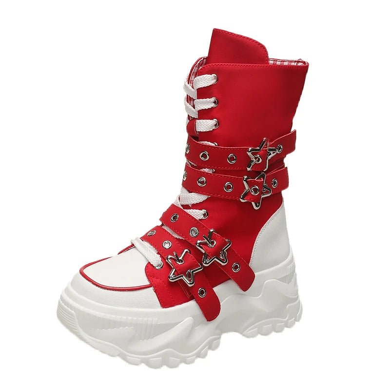 Women Round Toe Lace Up Platform Mid Calf Boots Non Slip Autumn Winter