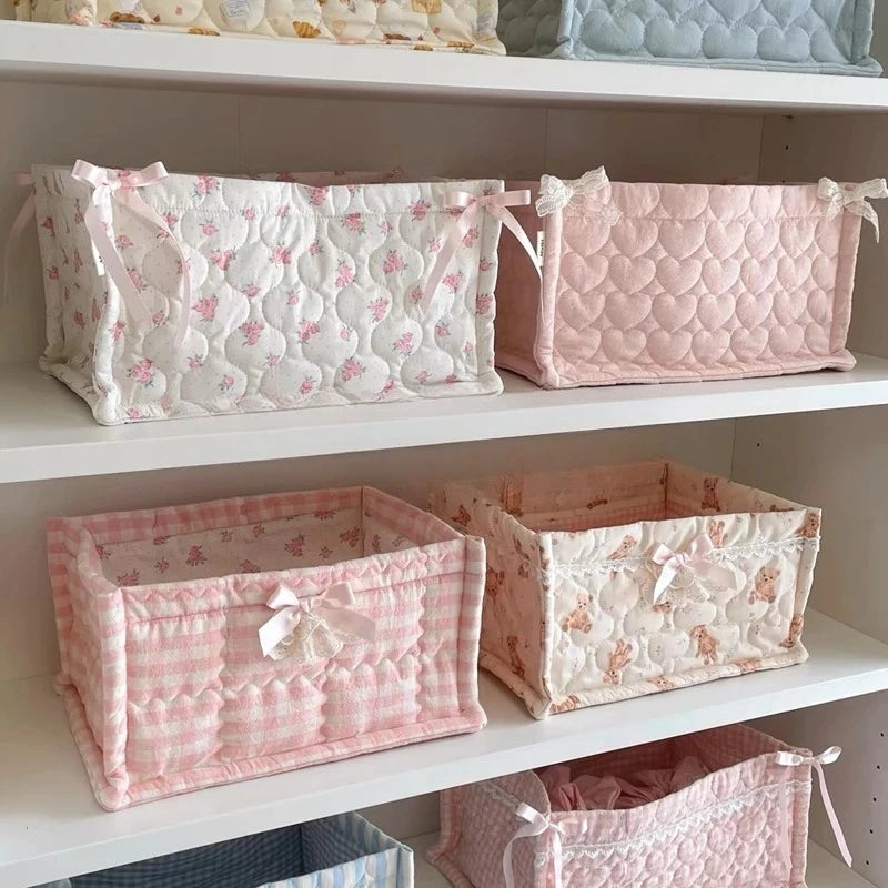 Lace Flower Quilted Square Storage Basket Desktop Organizer Home Decor Basket