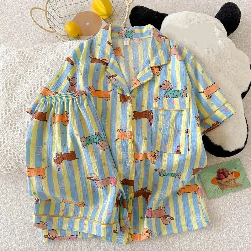 Women Kawaii Dog Print Pajama Set Y2K Lapel Neck Cute Homewear Summer