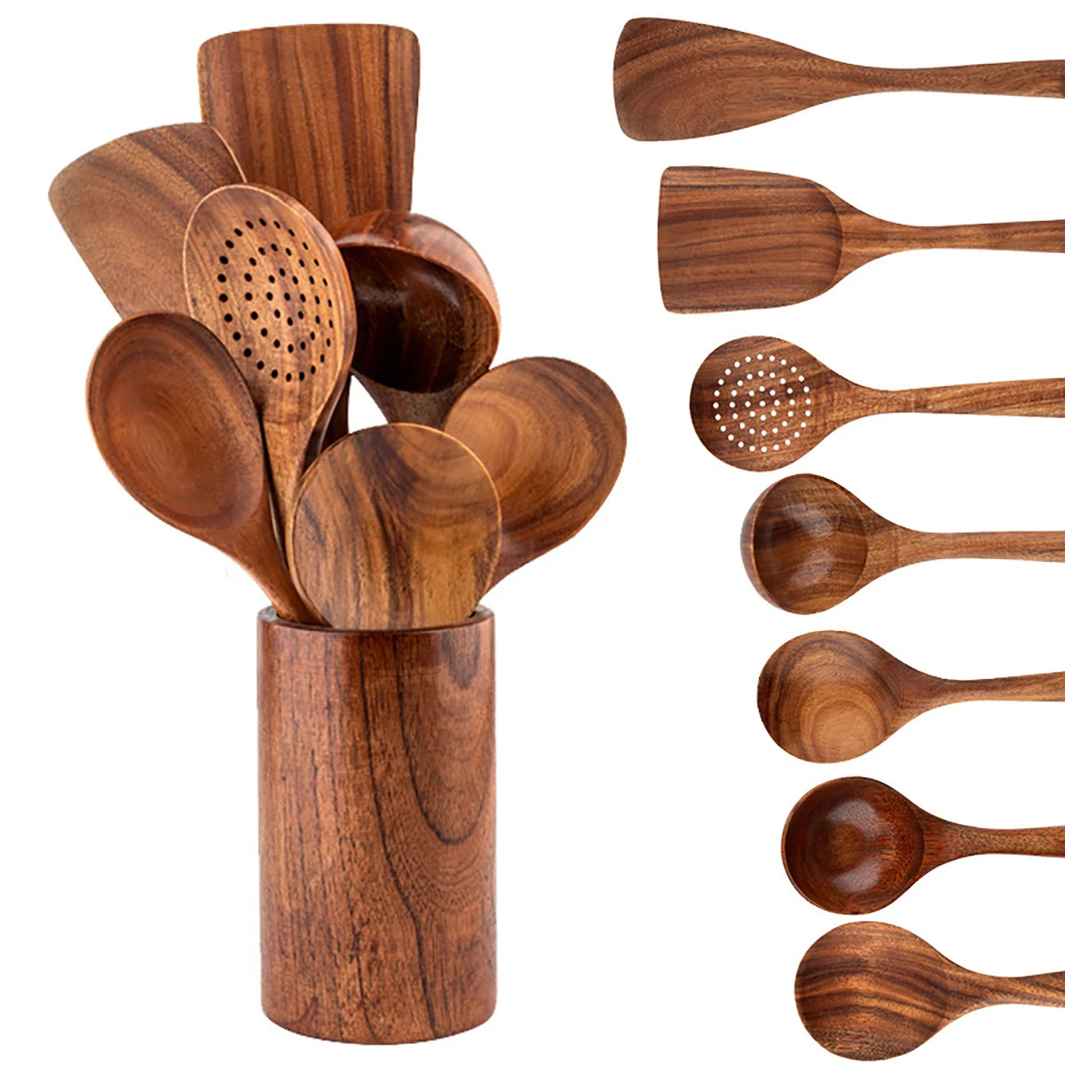 Wood Kitchen Cooking Utensil Set Spatula Spoon Fork Salad Baking Tools with Holder