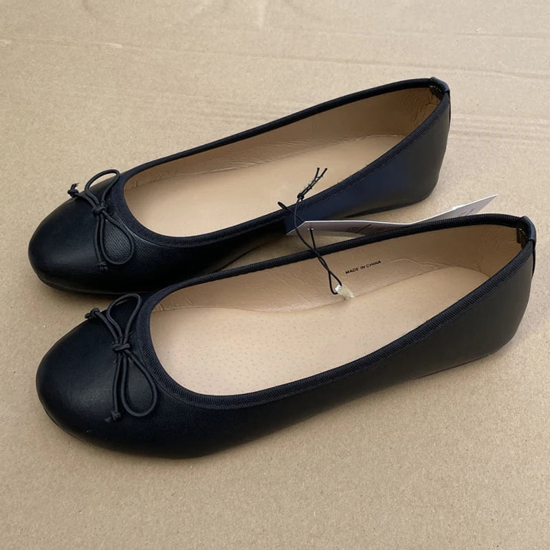 Women Bowknot Ballerina Flats Round Toe Slip On Leather Loafers