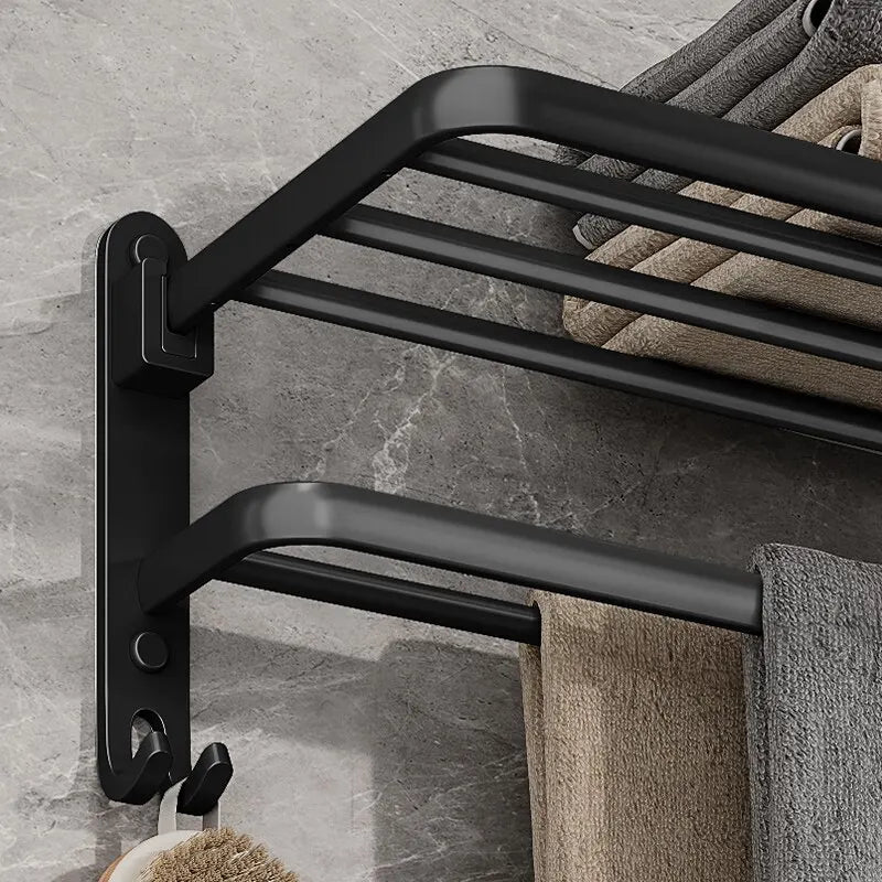 Matte Black Folding Towel Rack Wall Mount Aluminum Holder with Hook 50cm