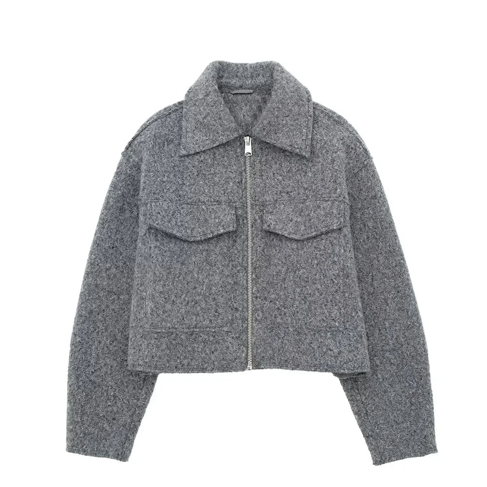 Women Grey Zip Up Jacket Vintage Lapel Long Sleeve Coat with Pockets