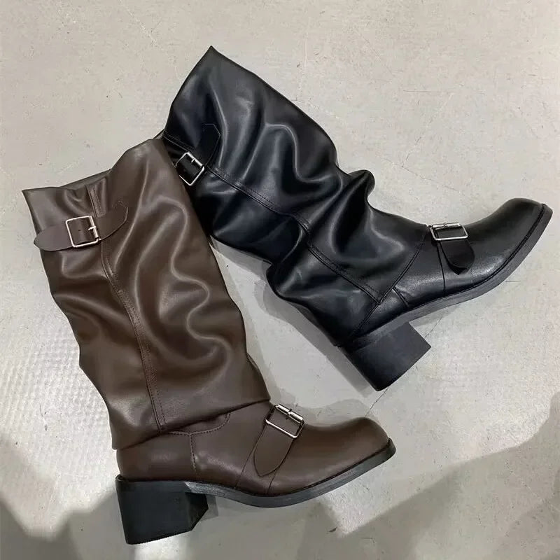 Women Knee High Platform Boots Chunky Heel Punk Gothic Leather Motorcycle Boots