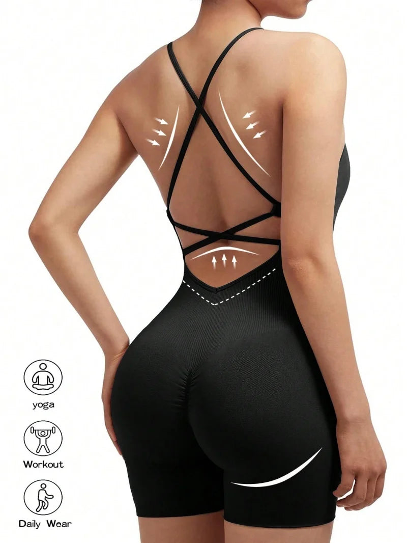 Women Adjustable Fitness Jumpsuit Backless Yoga Romper with Scrunch Shorts