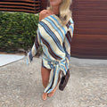 Women Stripe Print Off Shoulder Mini Dress Long Sleeve Beach Vacation Dress