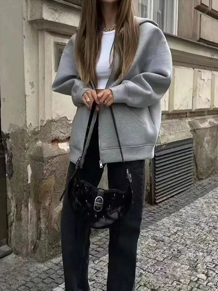 Women Oversize Zip Up Hoodie Jacket High Street Loose Sweatshirt Coat