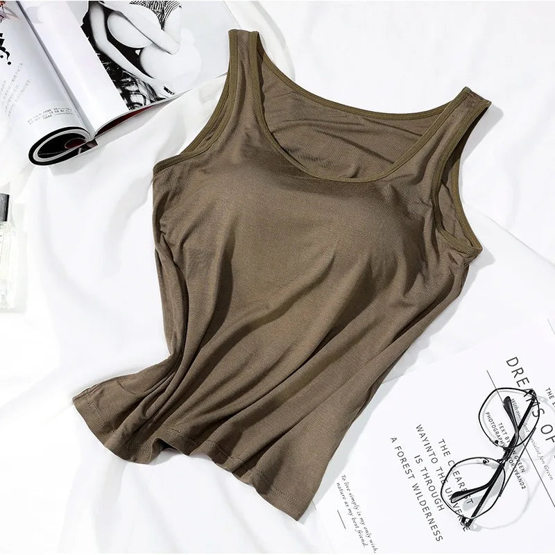 Women’s Padded Tank Top with Built In Bra Slim Fit Solid Color Vest