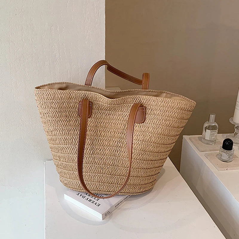 Women Straw Woven Tote Bag Large Capacity Beach Shoulder Handbag