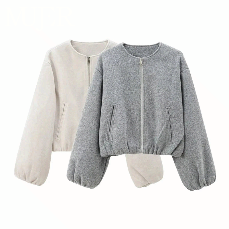 Women Fleece Bomber Jacket Cropped Zip Up Long Sleeve Sports Outerwear