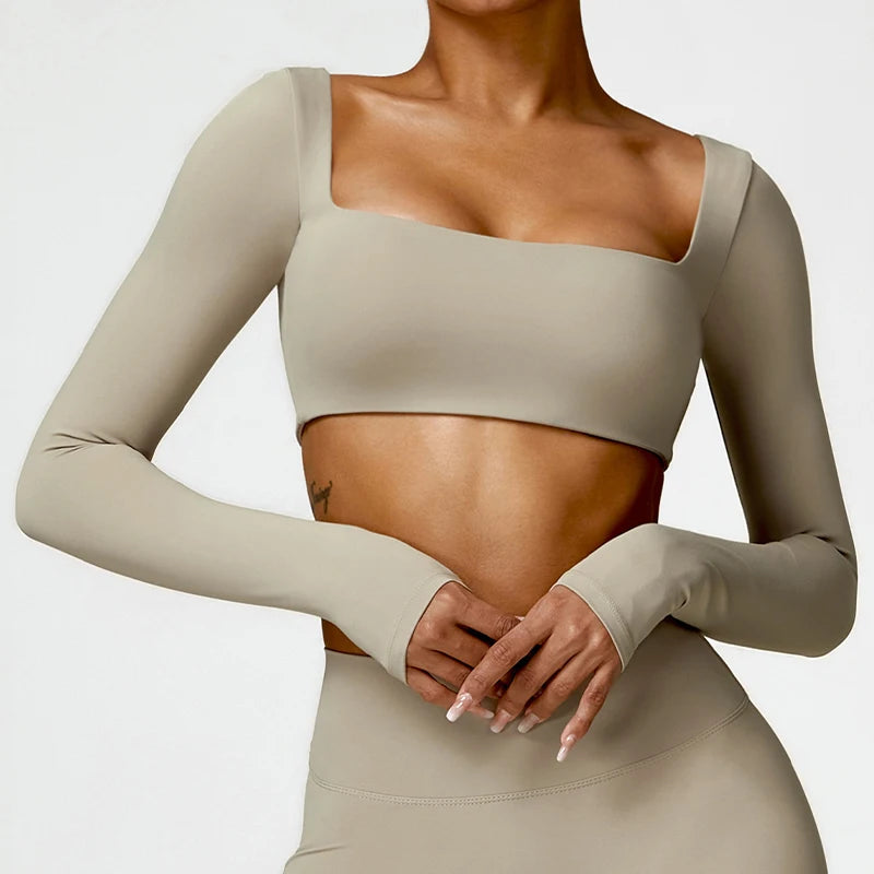Women Square Neck Long Sleeve Crop Top Quick Dry Yoga Fitness Shirt