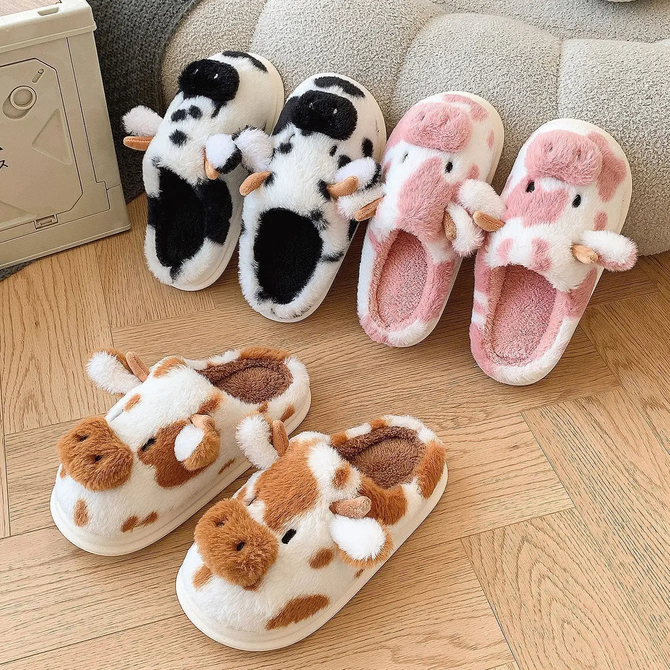 Cow Milk Fuzzy Slippers Women Winter Plush Soft Cozy Cartoon House Bedroom Shoes